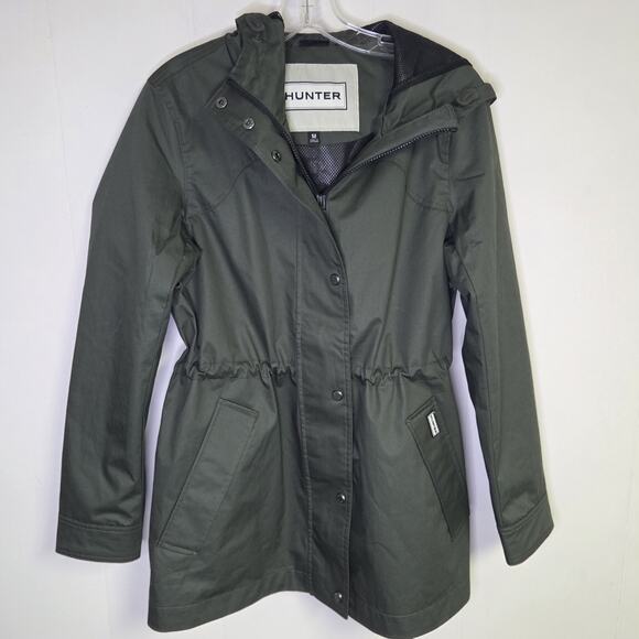 Hunter Women’s Rain Jacket Olive Hooded Full Zip And Snap Size Medium - Picture 1 of 7